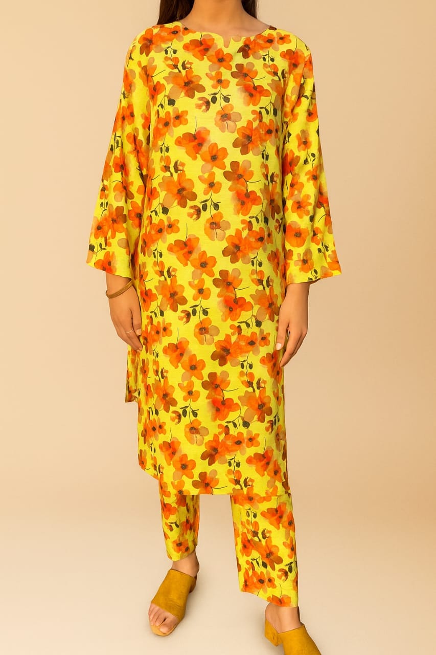 2Pc Stitched Bloom — Lemon Kurta & Trouser 1 2Pc Bloom Lemon Kurta & Trouser Model Front Pose