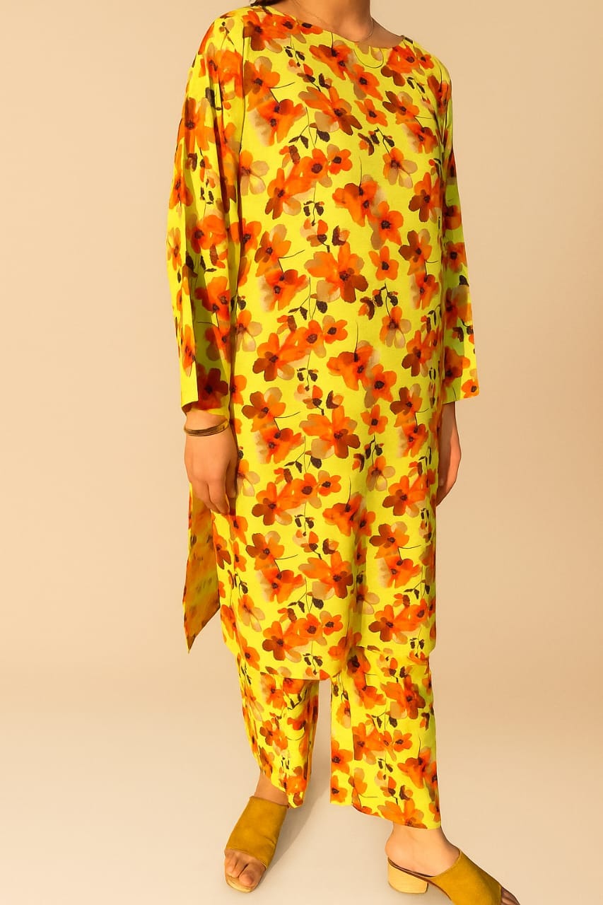 2Pc Stitched Bloom — Lemon Kurta & Trouser 2 2Pc Bloom Lemon Kurta & Trouser Model Standing Pose