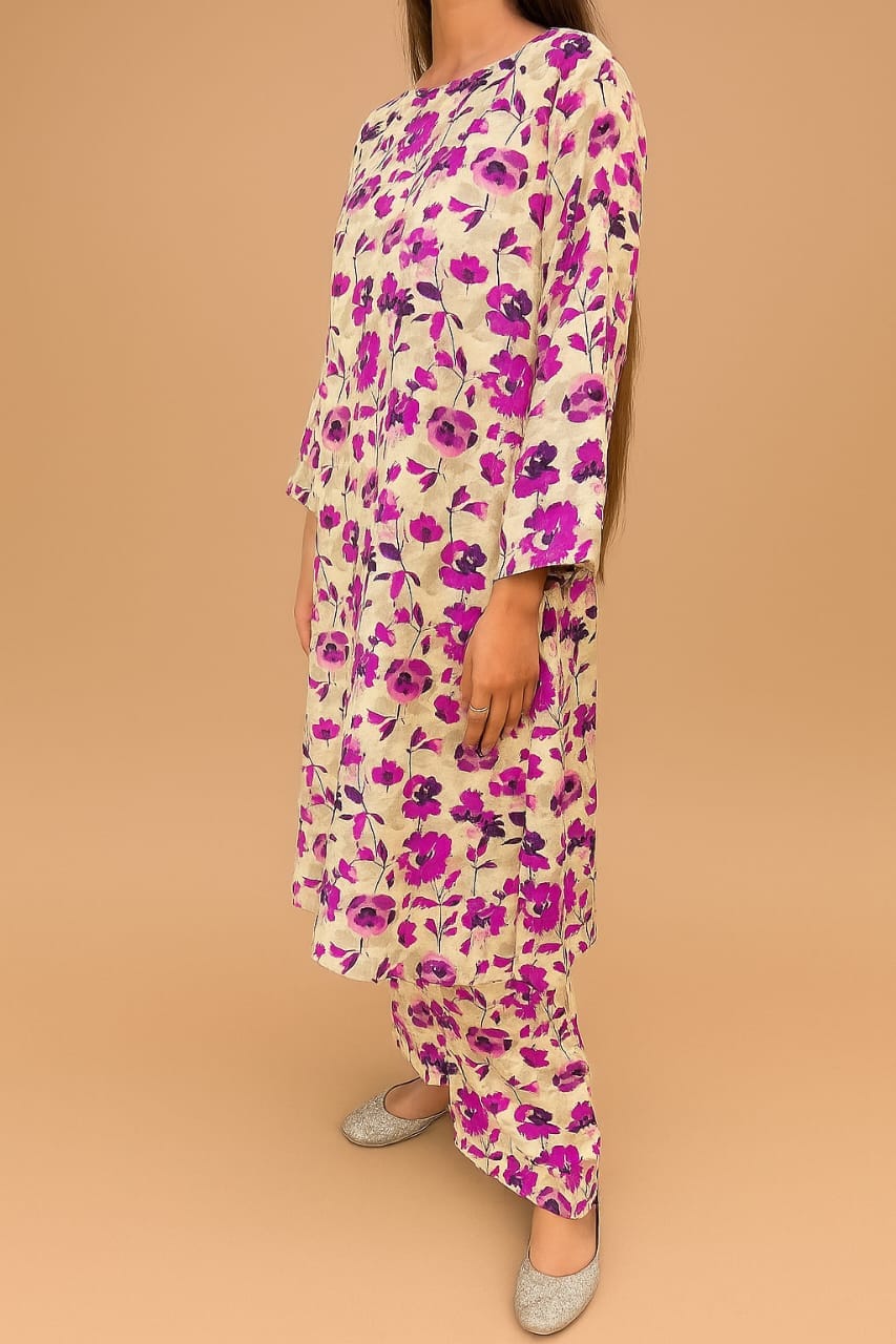 2Pc Stitched Bloom — Off White Floral Kurta & Trouser 1 2Pc Bloom Off White Floral Kurta & Trouser Model Front Pose