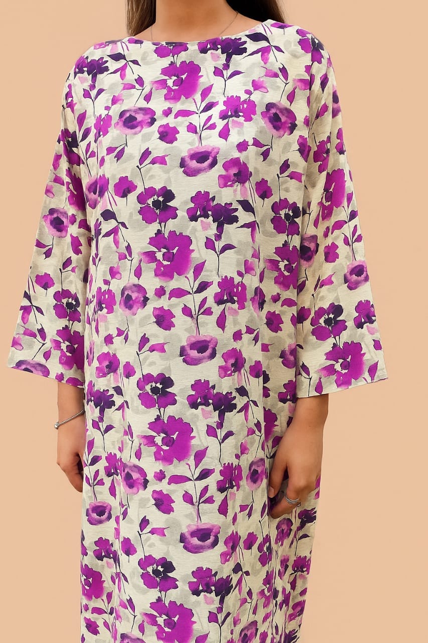 2Pc Stitched Bloom — Off White Floral Kurta & Trouser 2 2Pc Bloom Off White Floral Kurta & Trouser Model Standing Pose