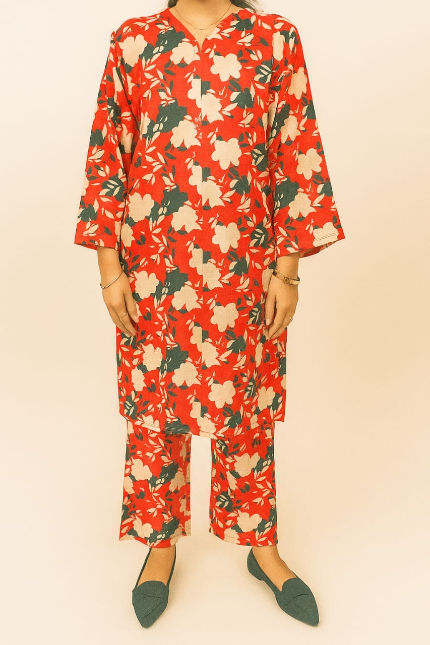 2Pc Stitched Bloom — Orange Kurta & Trouser 2 2Pc Bloom Orange Kurta Trouser Model Standing Pose