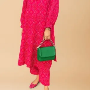 2Pc Bloom Pink Ajrak Kurta & Trouser Model Front Pose