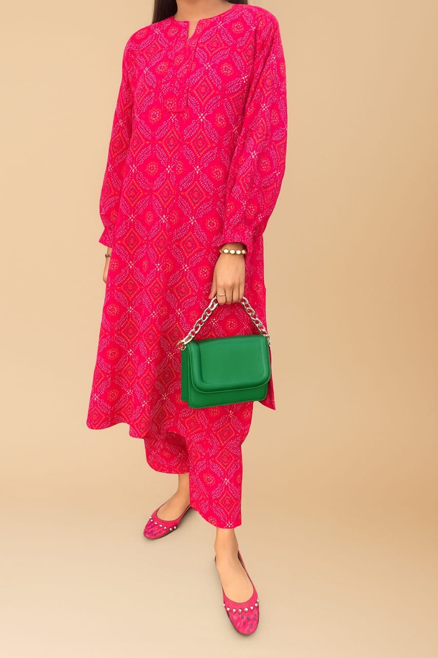 Home 5 2Pc Bloom Pink Ajrak Kurta & Trouser Model Front Pose