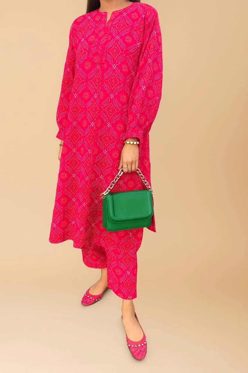 2Pc Bloom Pink Ajrak Kurta & Trouser Model Front Pose