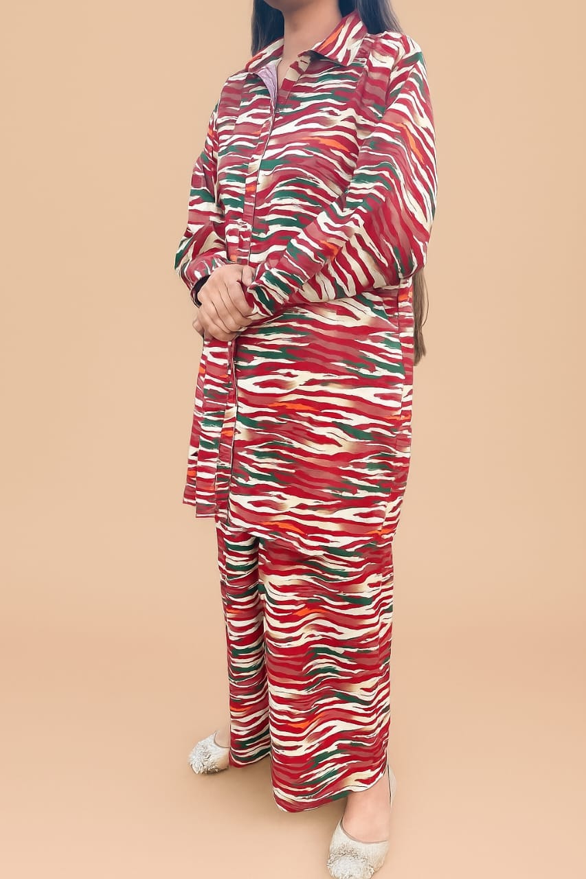 2Pc Stitched Bloom — Red Kurta & Trouser 1 2Pc Bloom Red Kurta & Trouser Model Standing Pose