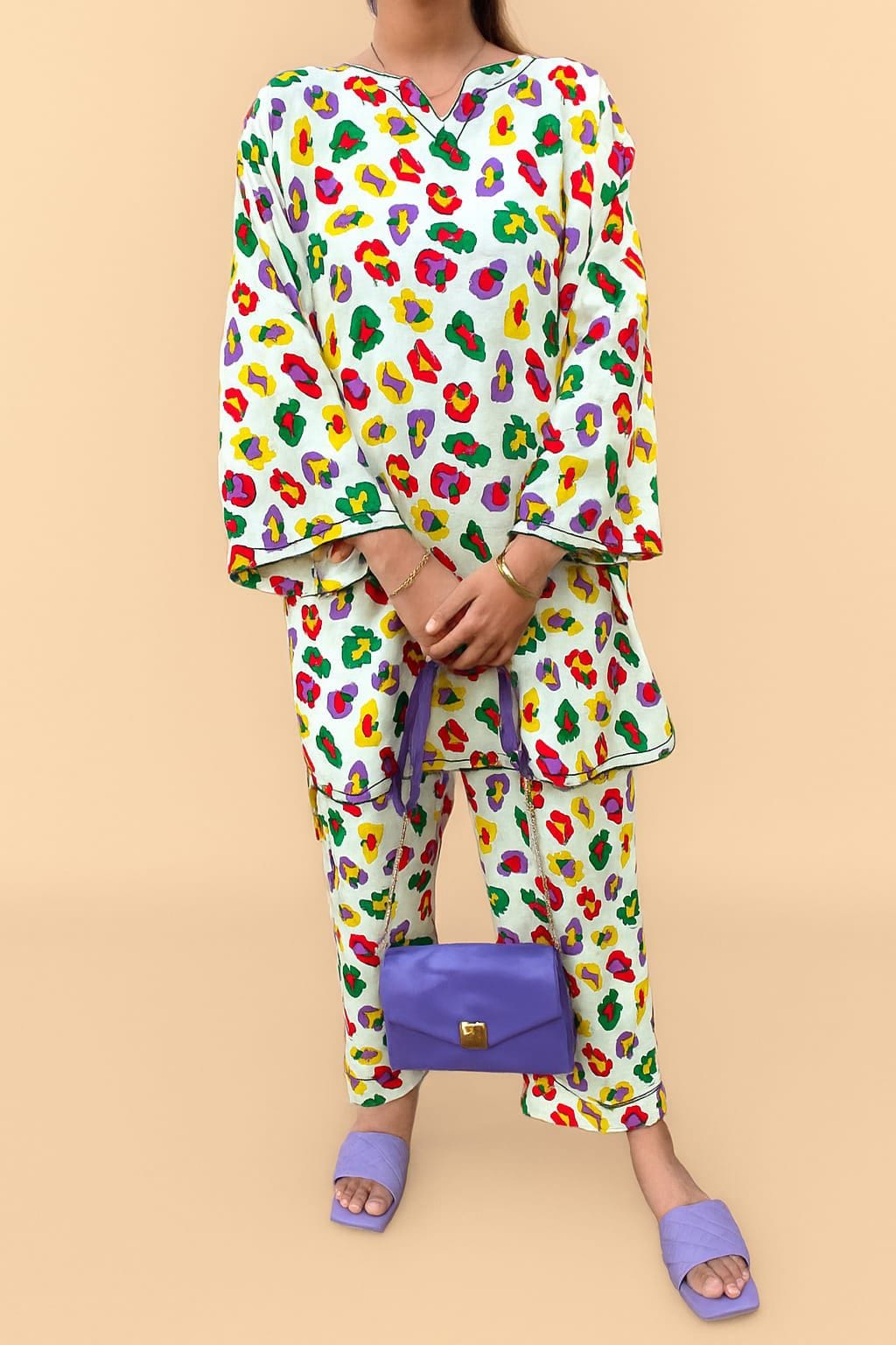 2Pc Stitched Bloom — White Floral Kurta & Trouser 1 2Pc Bloom White Floral Kurta & Trouser Model Front Pose