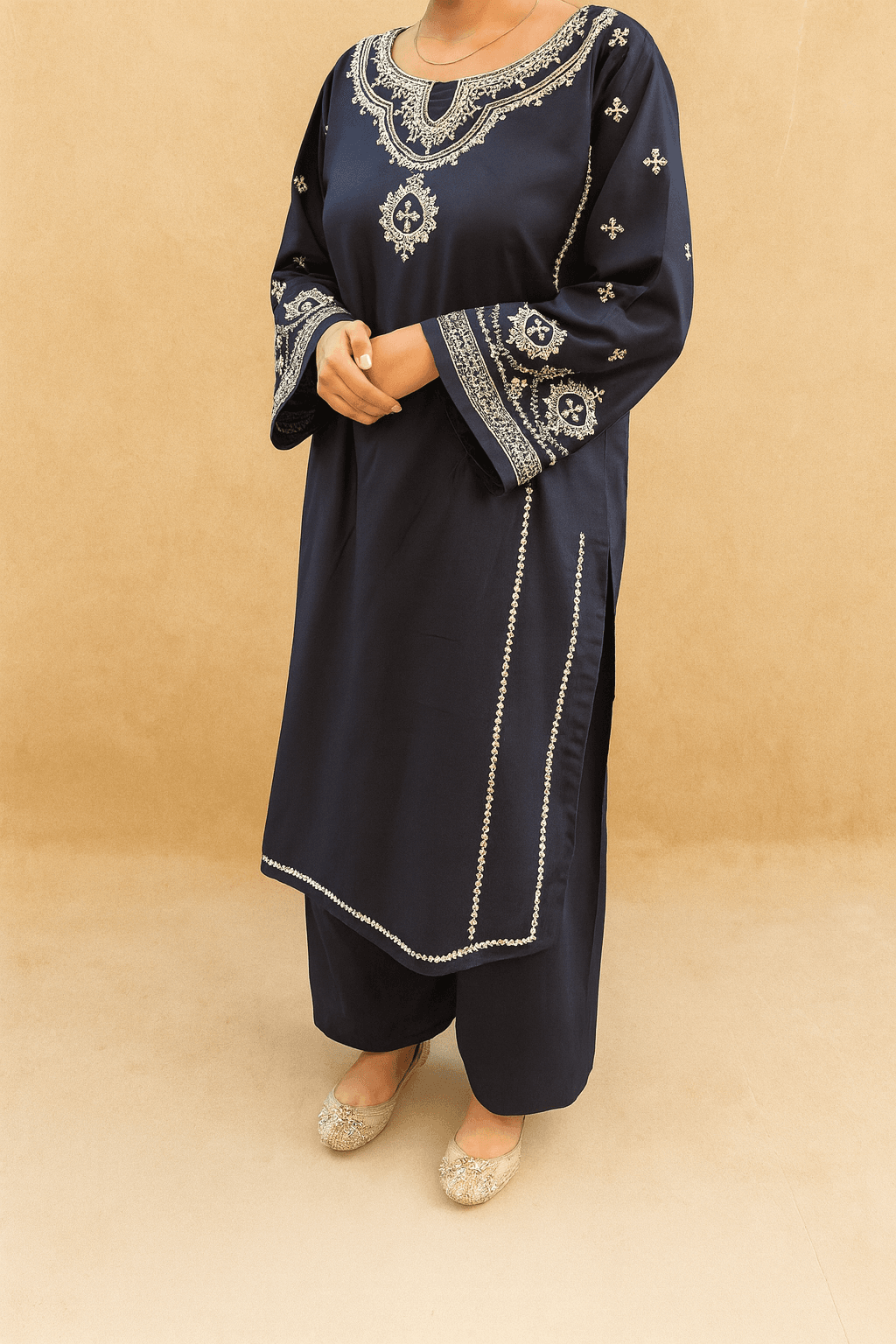 Cozy Royal Blue — Embroidered Dhanak 2-Piece Stitched Set 1 Embrioded shirt & plain pant royal blue dhanak dress image 02
